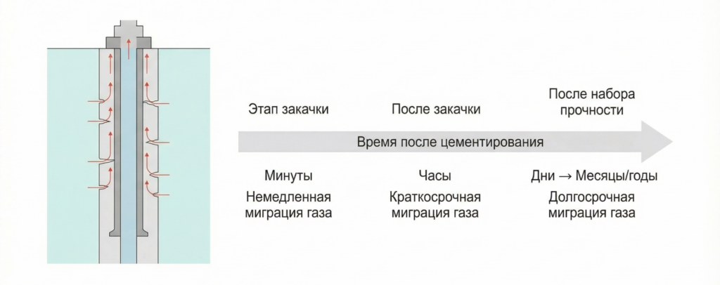 Схема факторов миграции газа при цементировании скважины